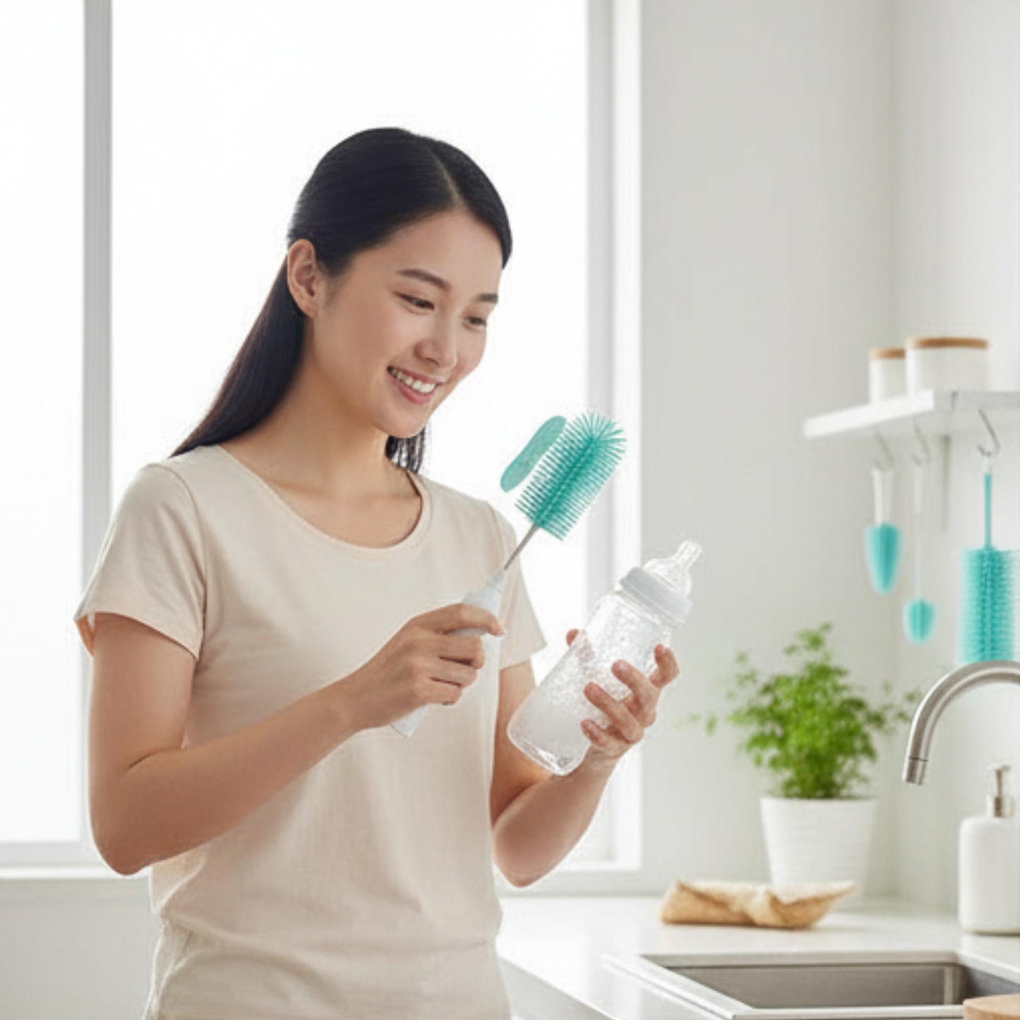 Woman holding a baby bottle and cleaning brush in a kitchen