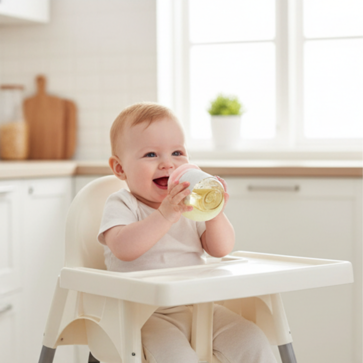 Baby sitting in a high chair holding a bottle in a bright kitchen.