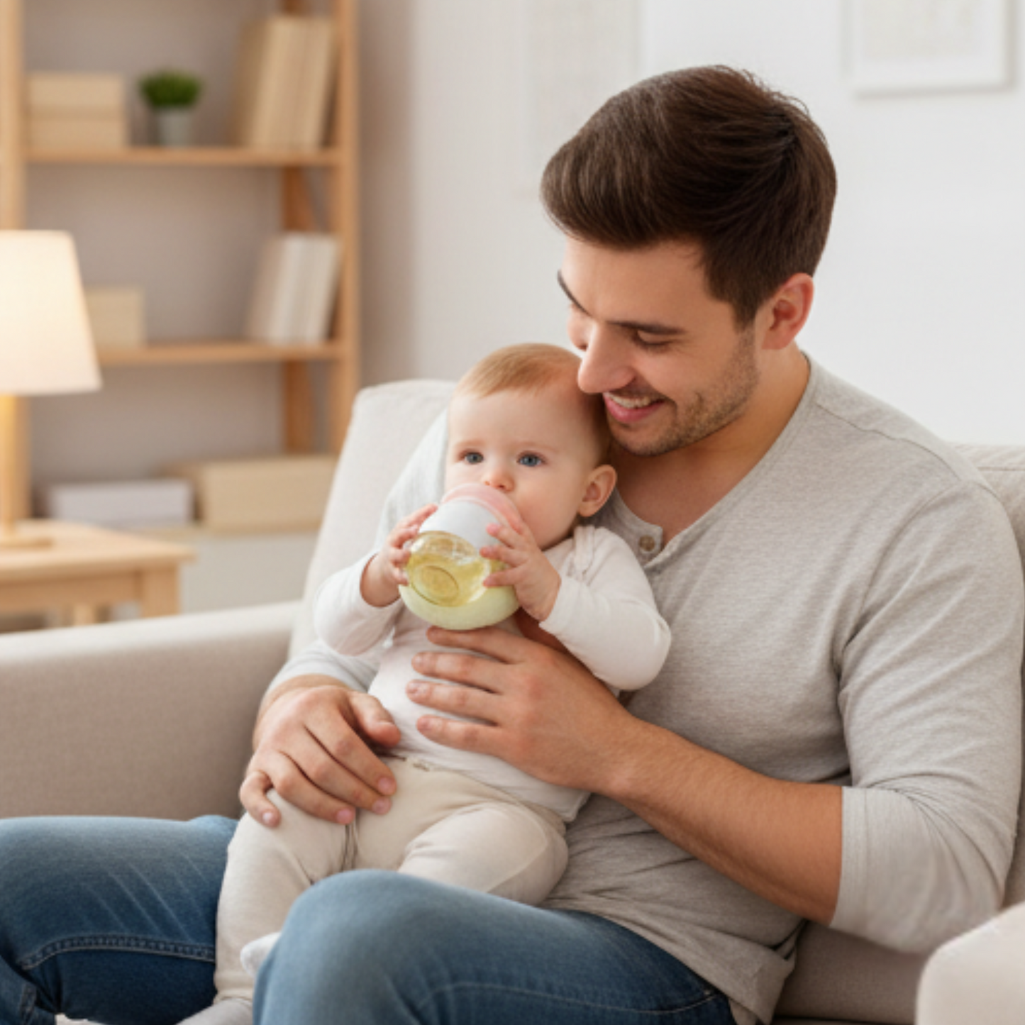 Man holding a baby and feeding them with a bottle in a cozy living room.