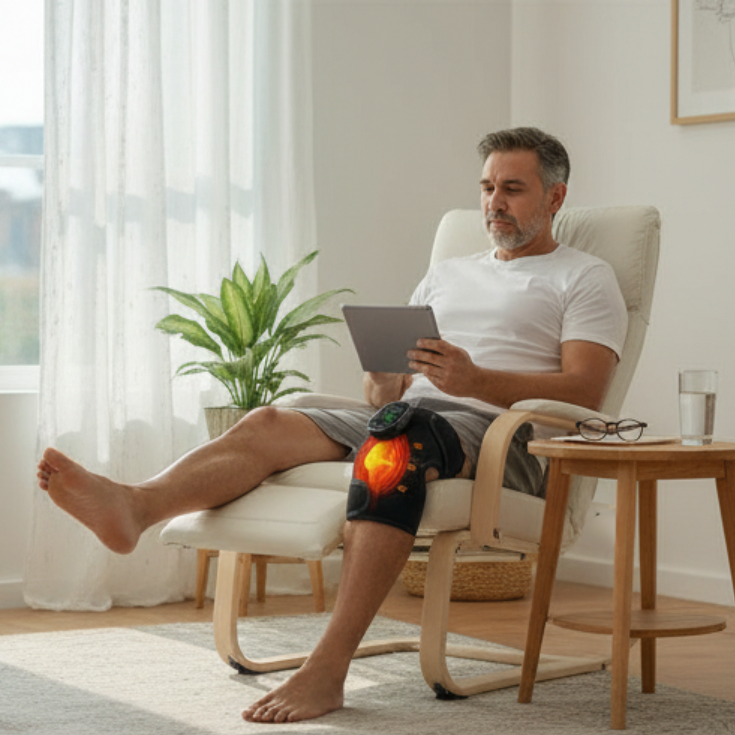 Man sitting in a chair using a tablet in a bright living room.