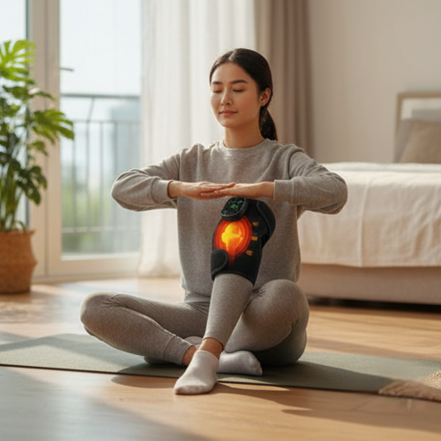 Woman practicing yoga with a glowing device on a mat in a home setting