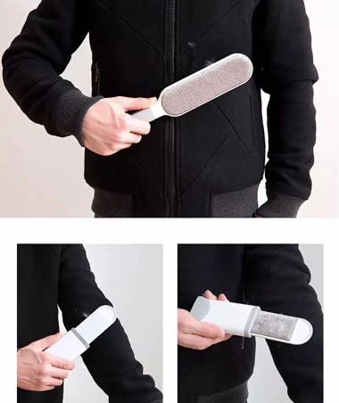 Person using a fabric softener stick on a black jacket with close-up shots of the product.