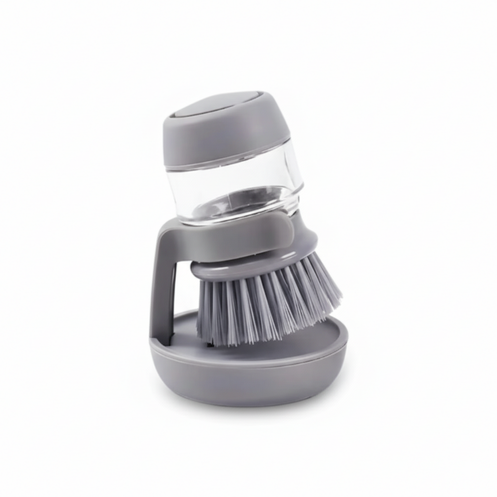 Gray dish brush with container on a white background