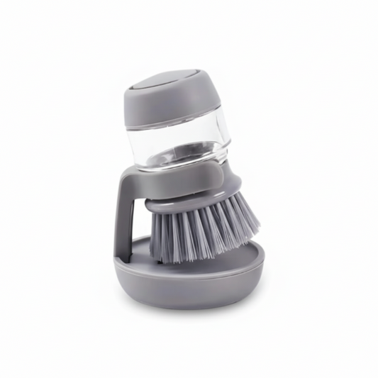 Gray dish brush with container on a white background