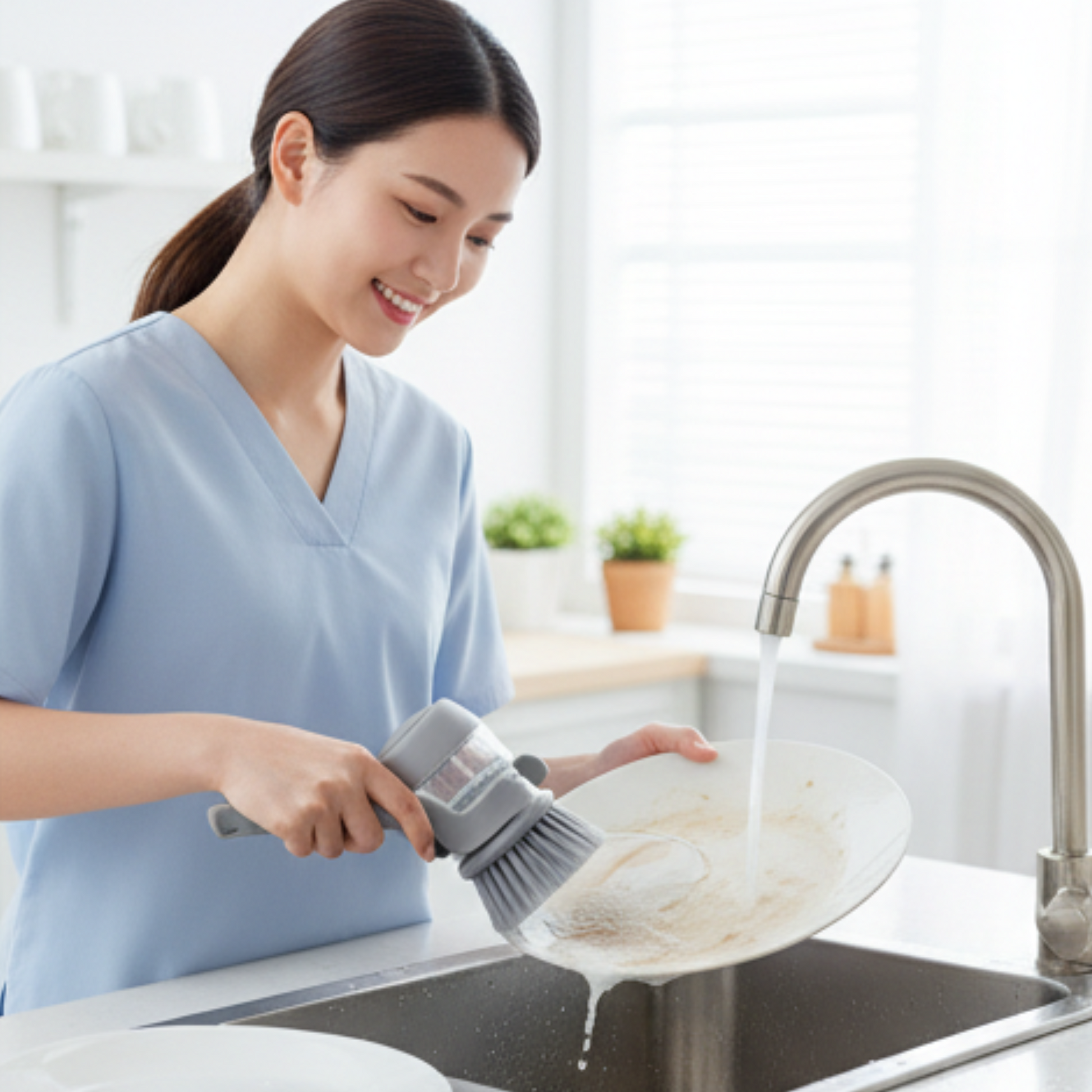 Woman washing dishes in a kitchen with a dish brush