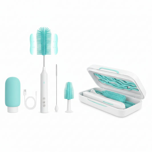 Teal and white dental care product set on a white background
