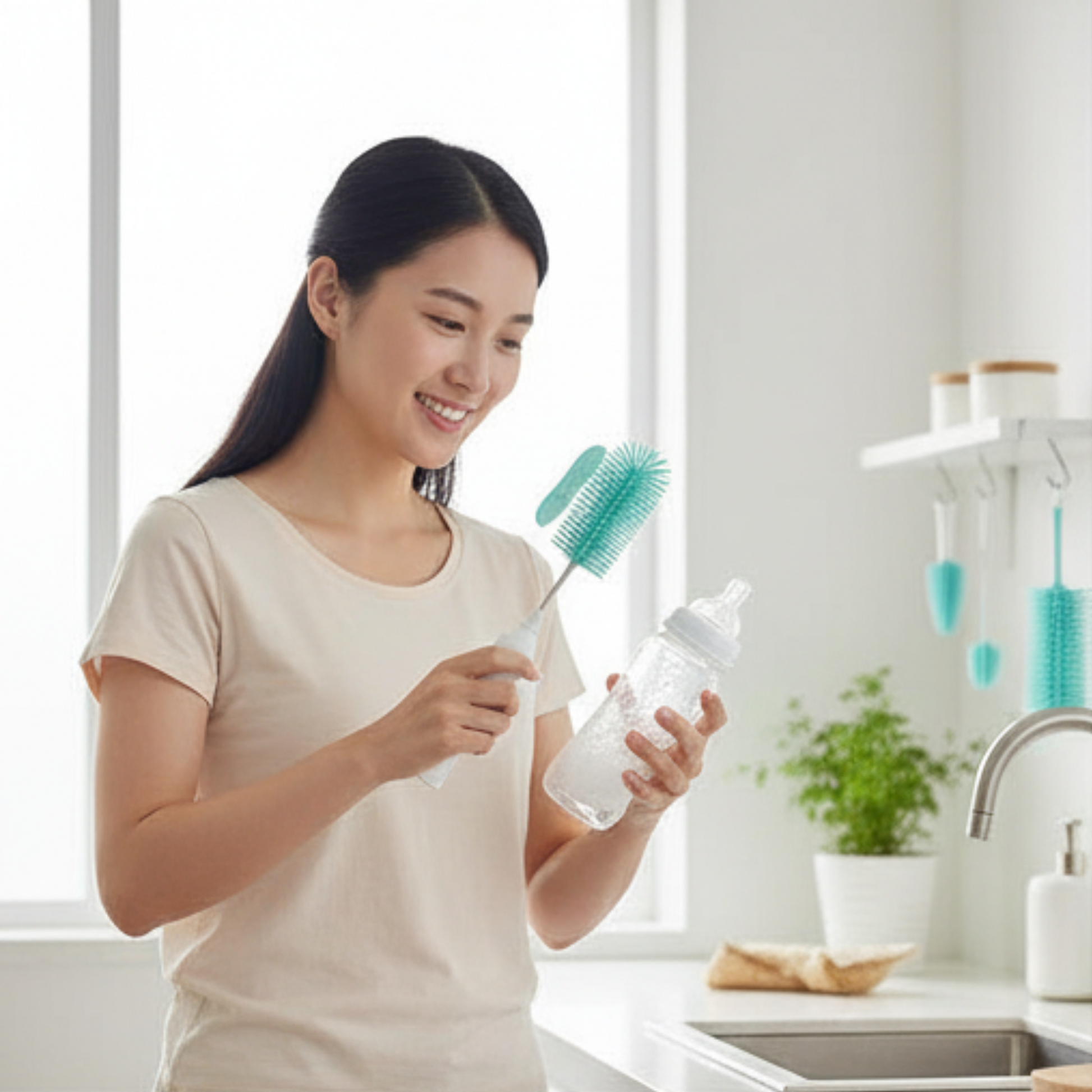 Woman holding a baby bottle and cleaning brush in a kitchen