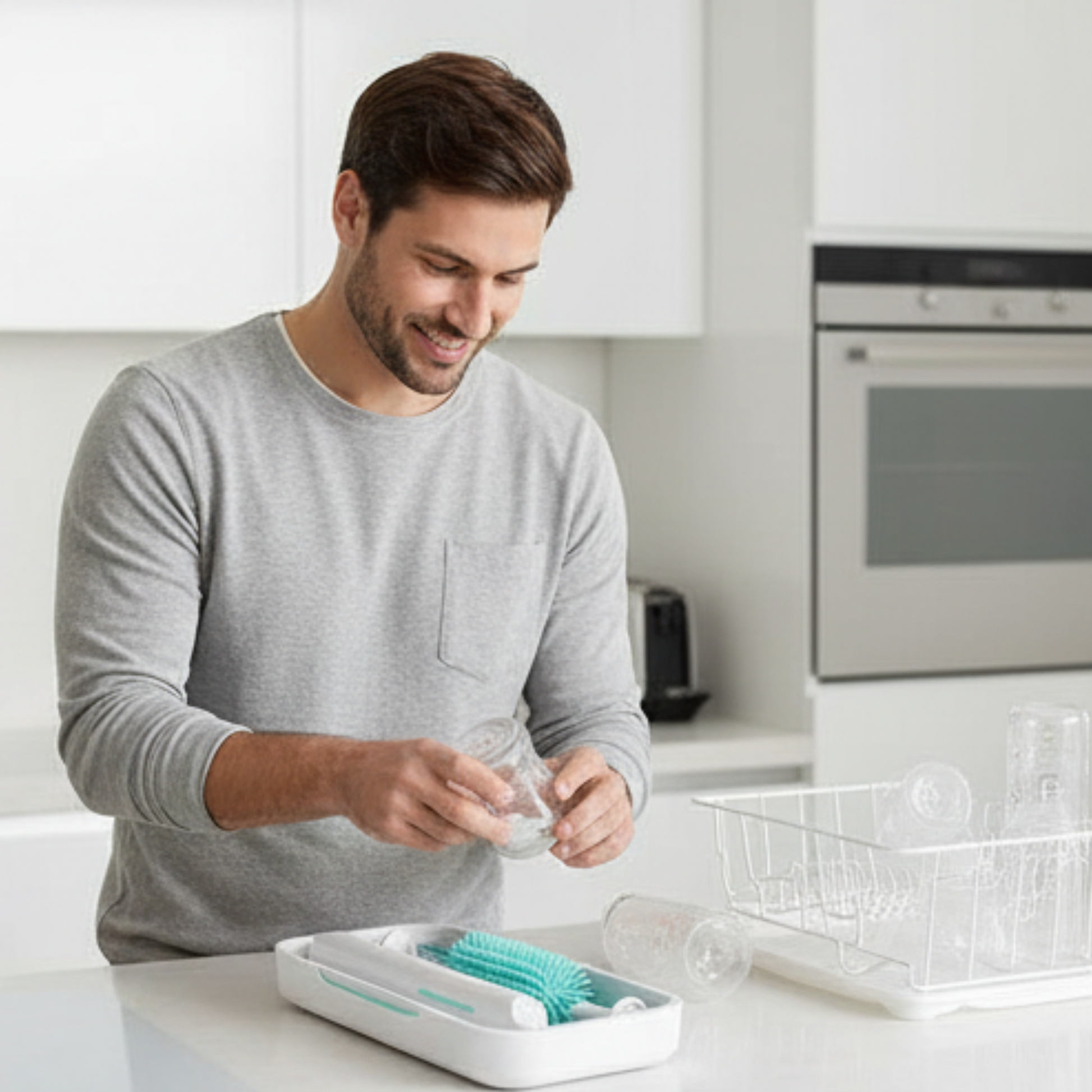 Man in a kitchen using a dish rack with cleaning products
