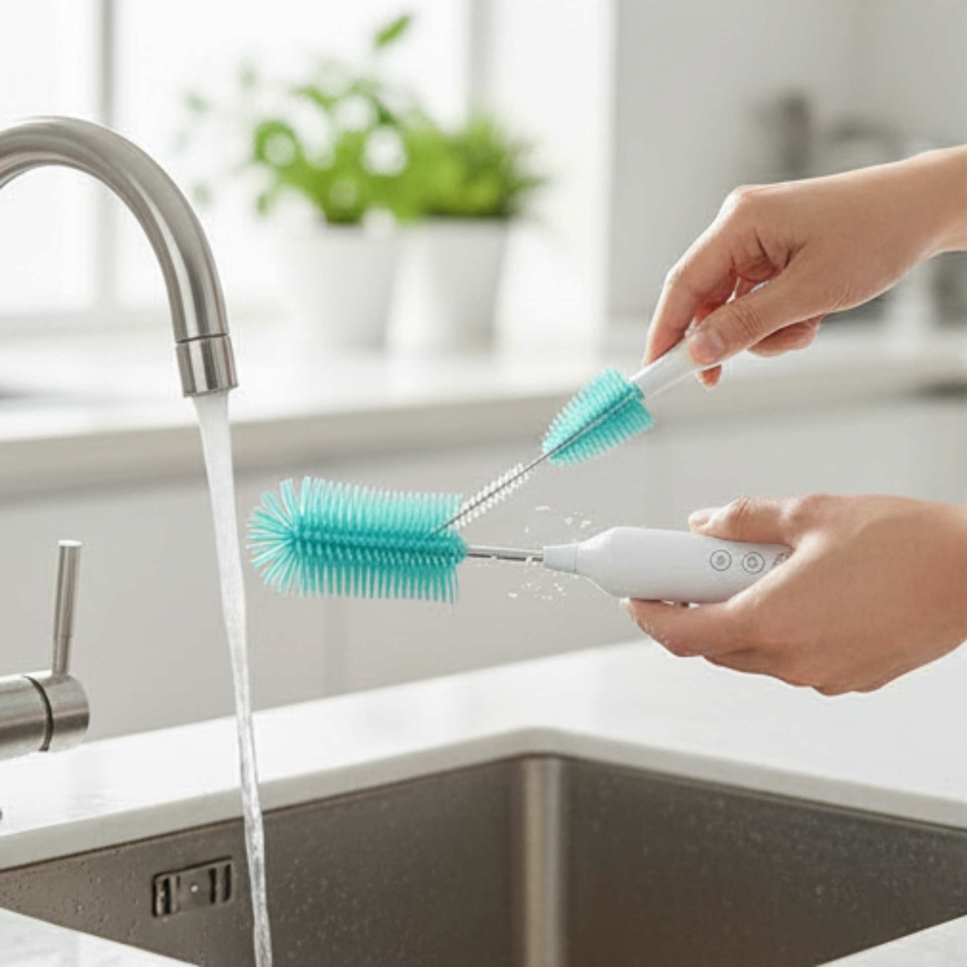 Person using a cleaning brush under running water in a kitchen sink.