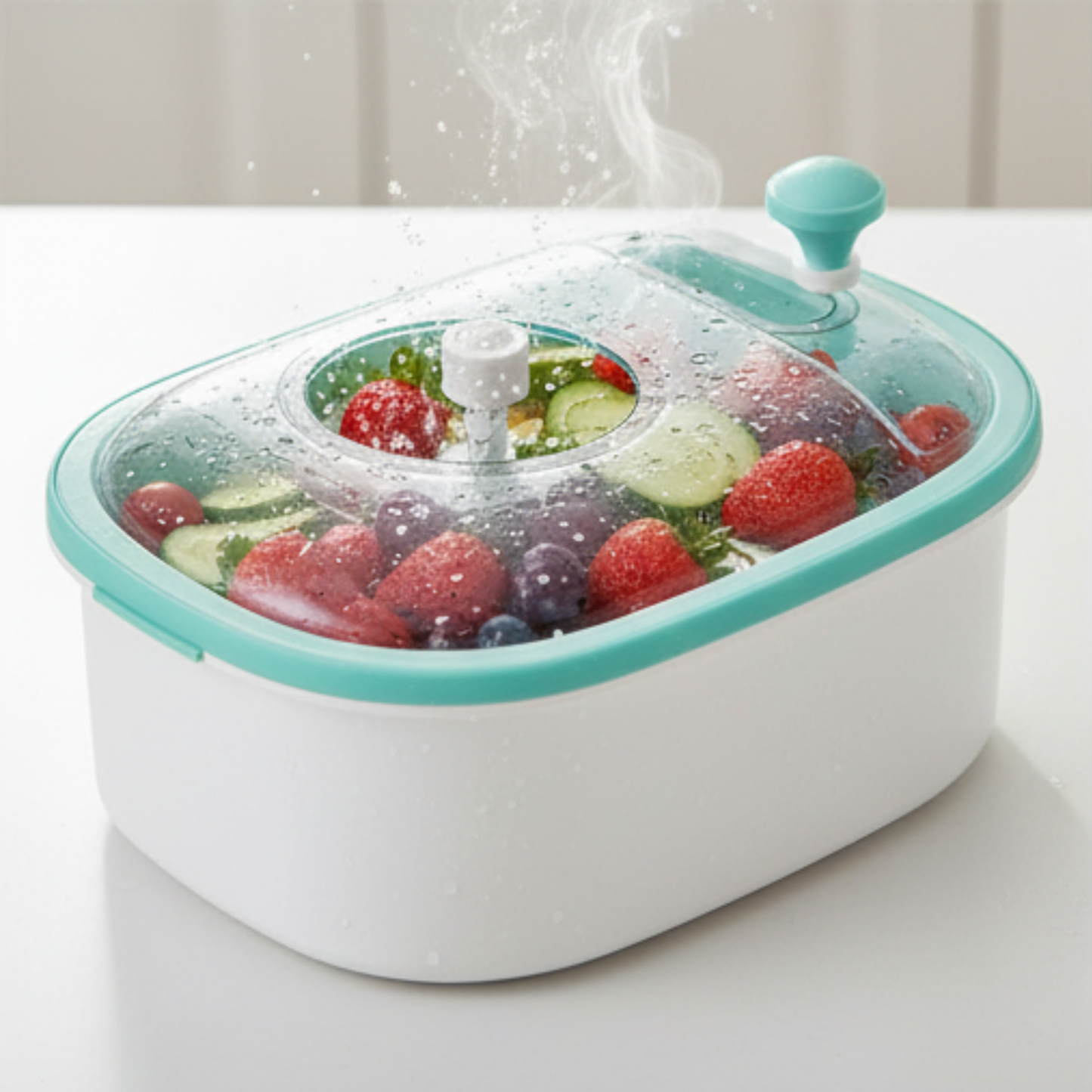 Fruit and vegetable washing machine with fruits and vegetables inside on a white background