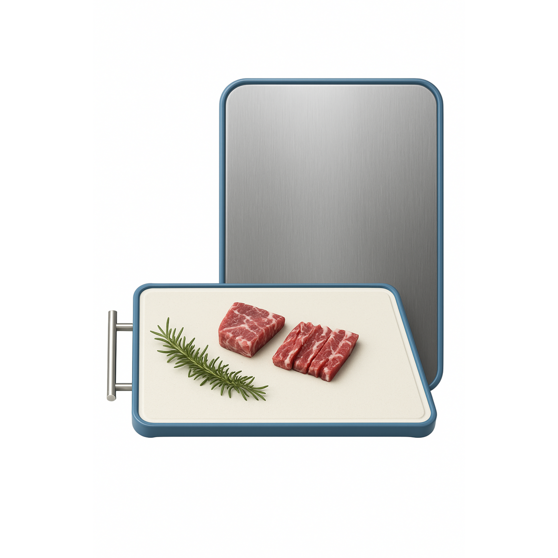 Butcher block with raw meat and rosemary on a white background