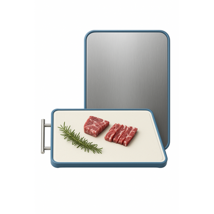 Butcher block with raw meat and rosemary on a white background