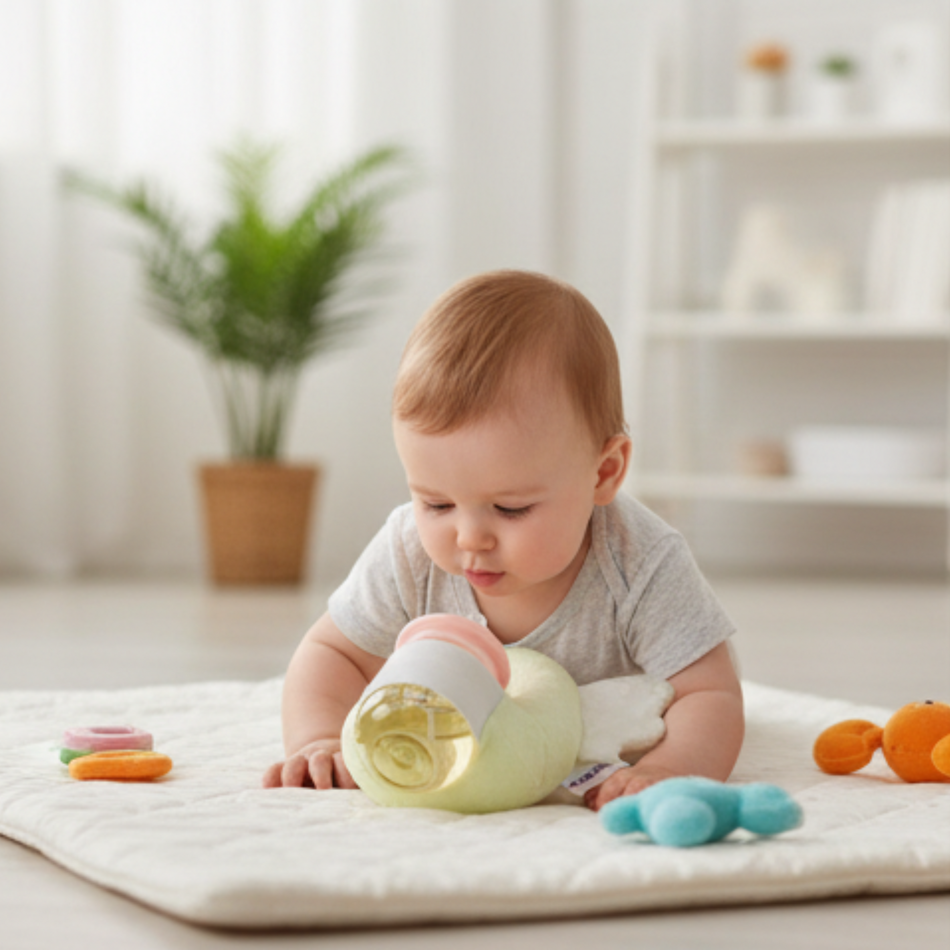 Baby playing with a bottle and toys on a white mat in a bright room.