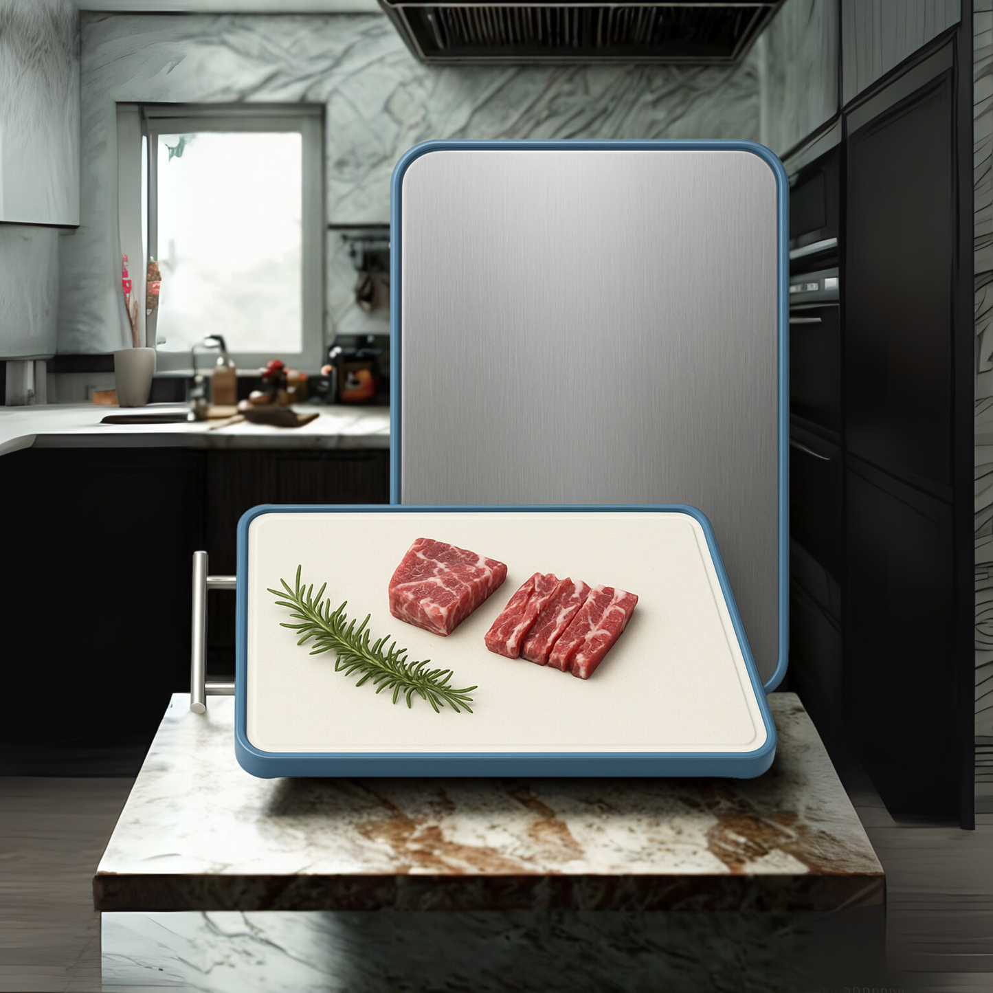 Butcher block with raw meat and rosemary on a kitchen counter