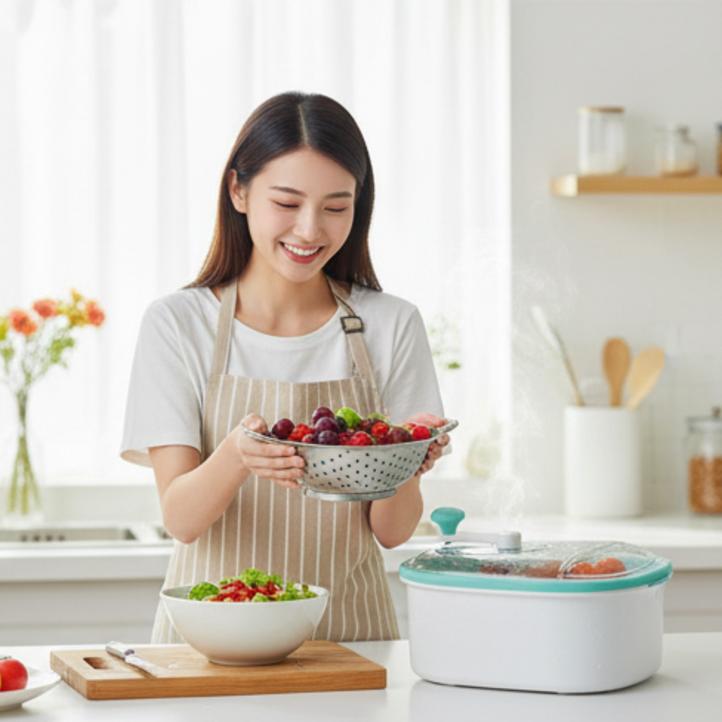 Woman in a kitchen holding a colander with fruits and vegetables, next to a white container with a green lid.
