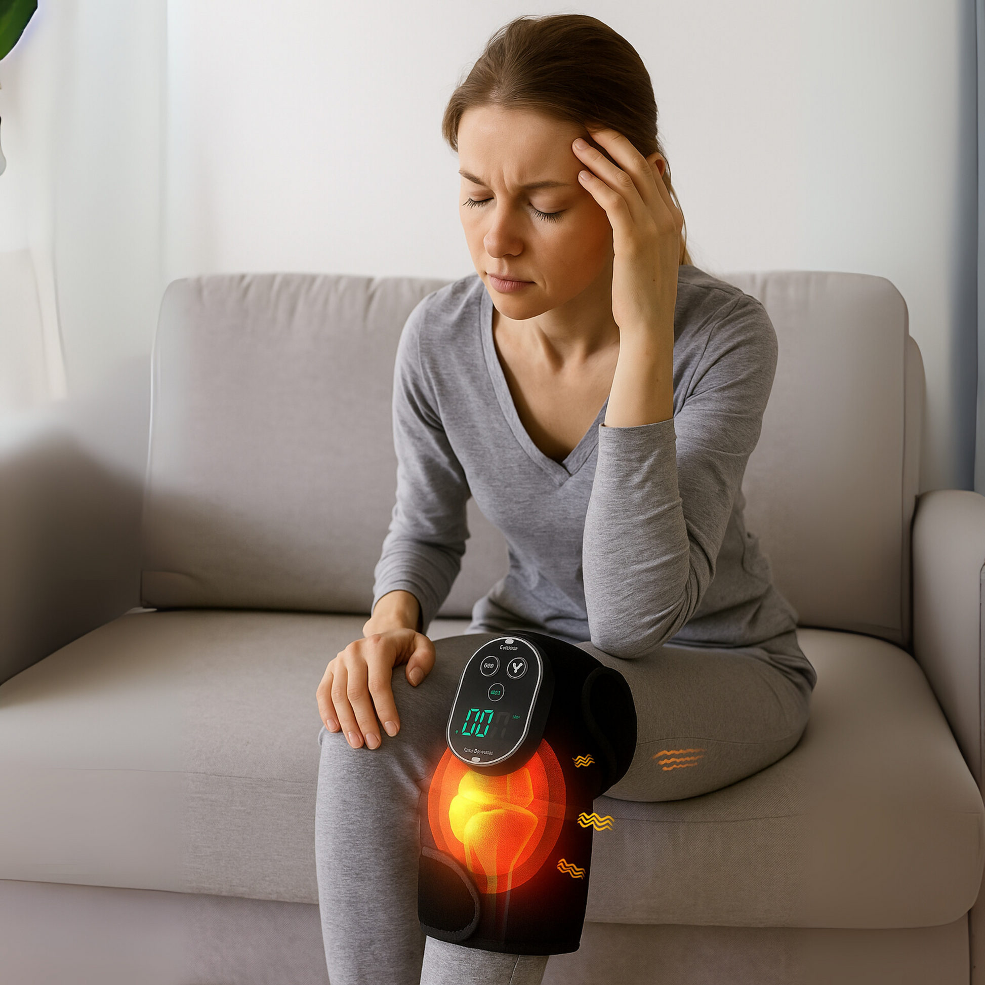 Woman using a heating pad on her lap while sitting on a couch.
