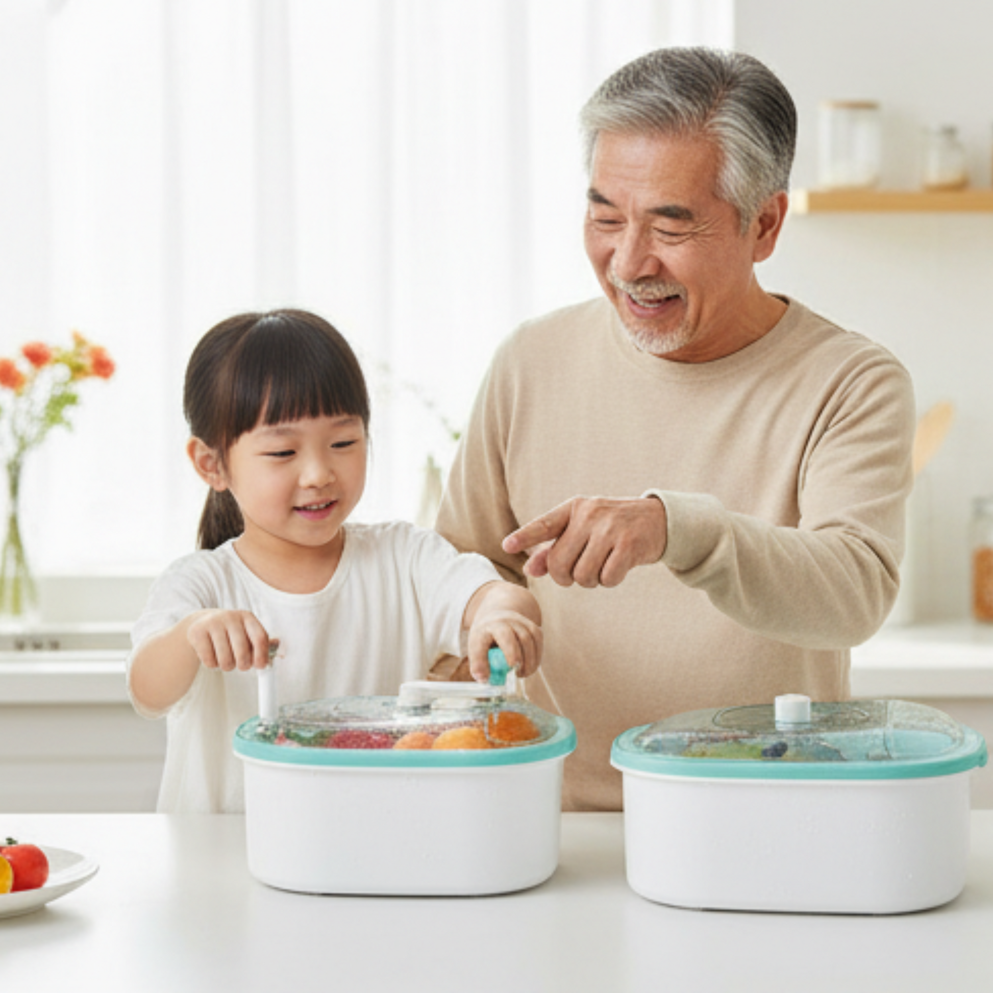 Man and young girl interacting with kitchen containers on a table