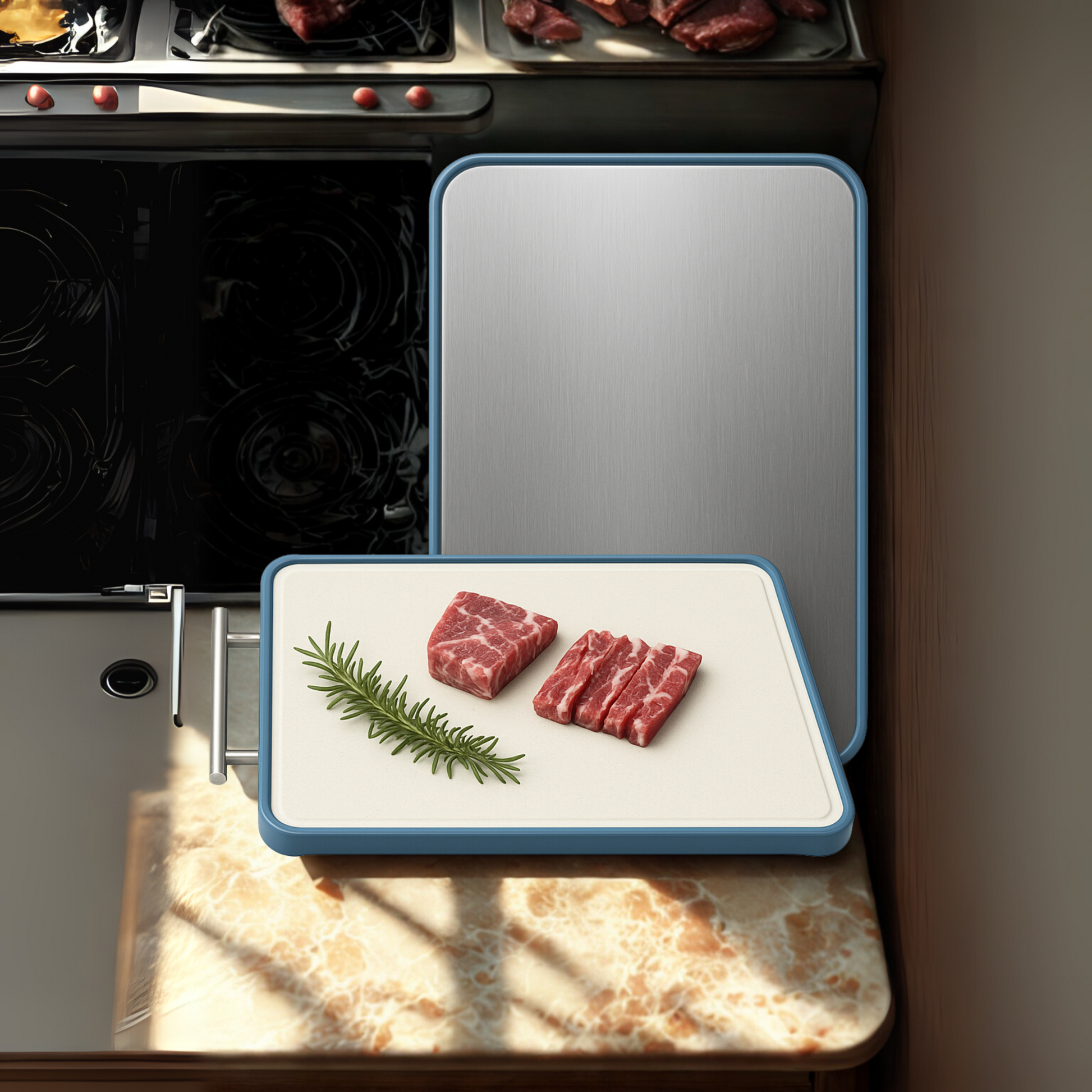 Butcher block cutting board with raw meat and rosemary on a kitchen counter