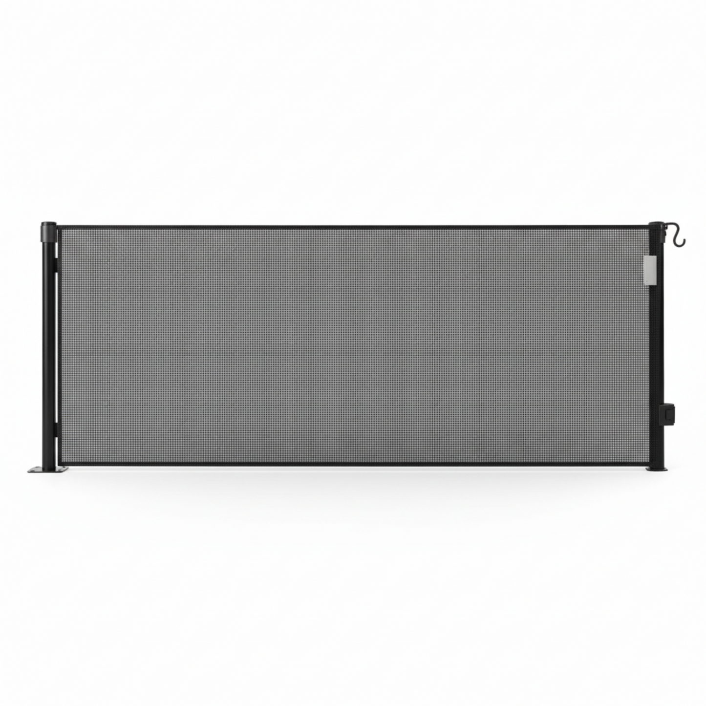 Black metal screen door with mesh on a white background
