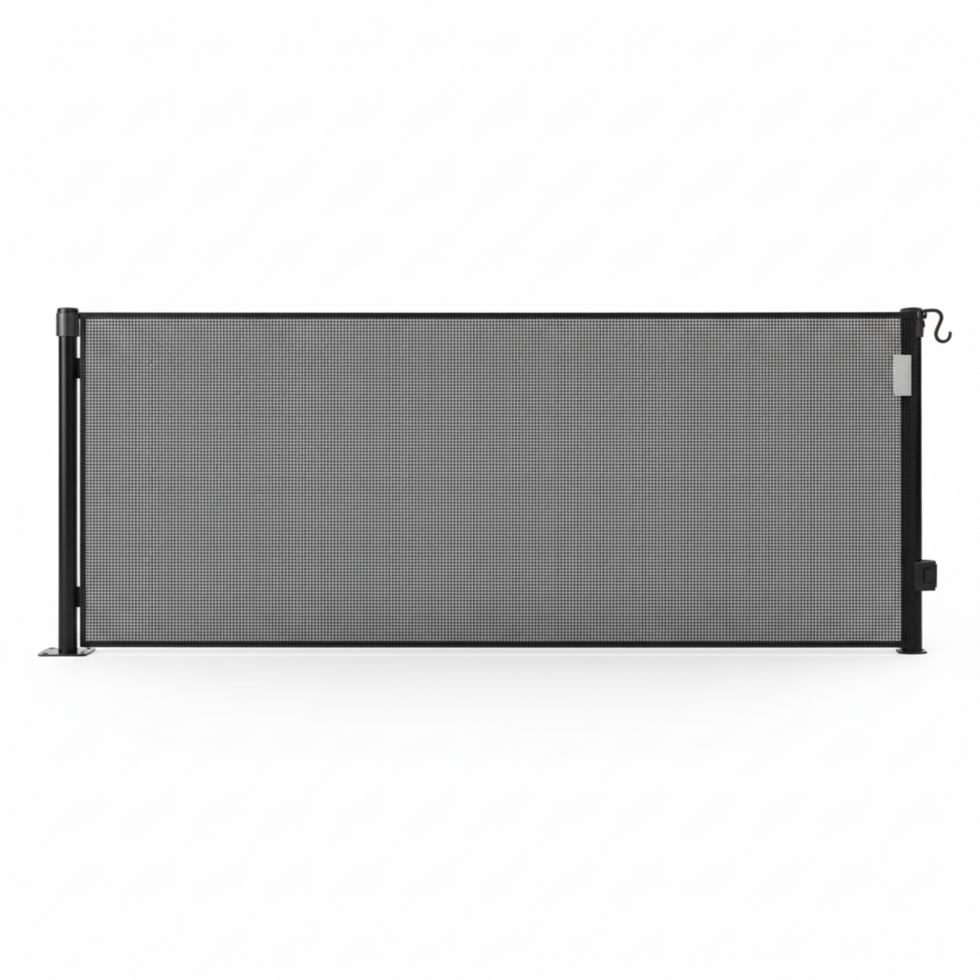 Black metal screen door with mesh on a white background