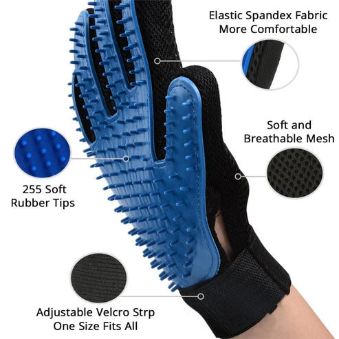 Deshedding glove removing loose fur from cat