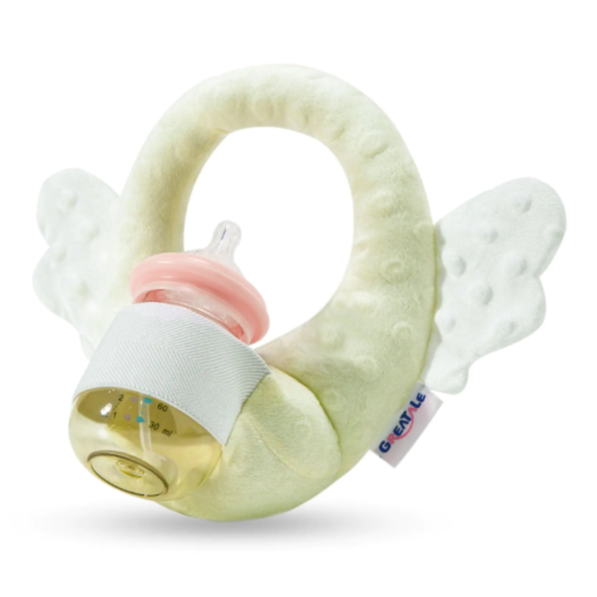 Baby rattle with pacifier attachment on a white background