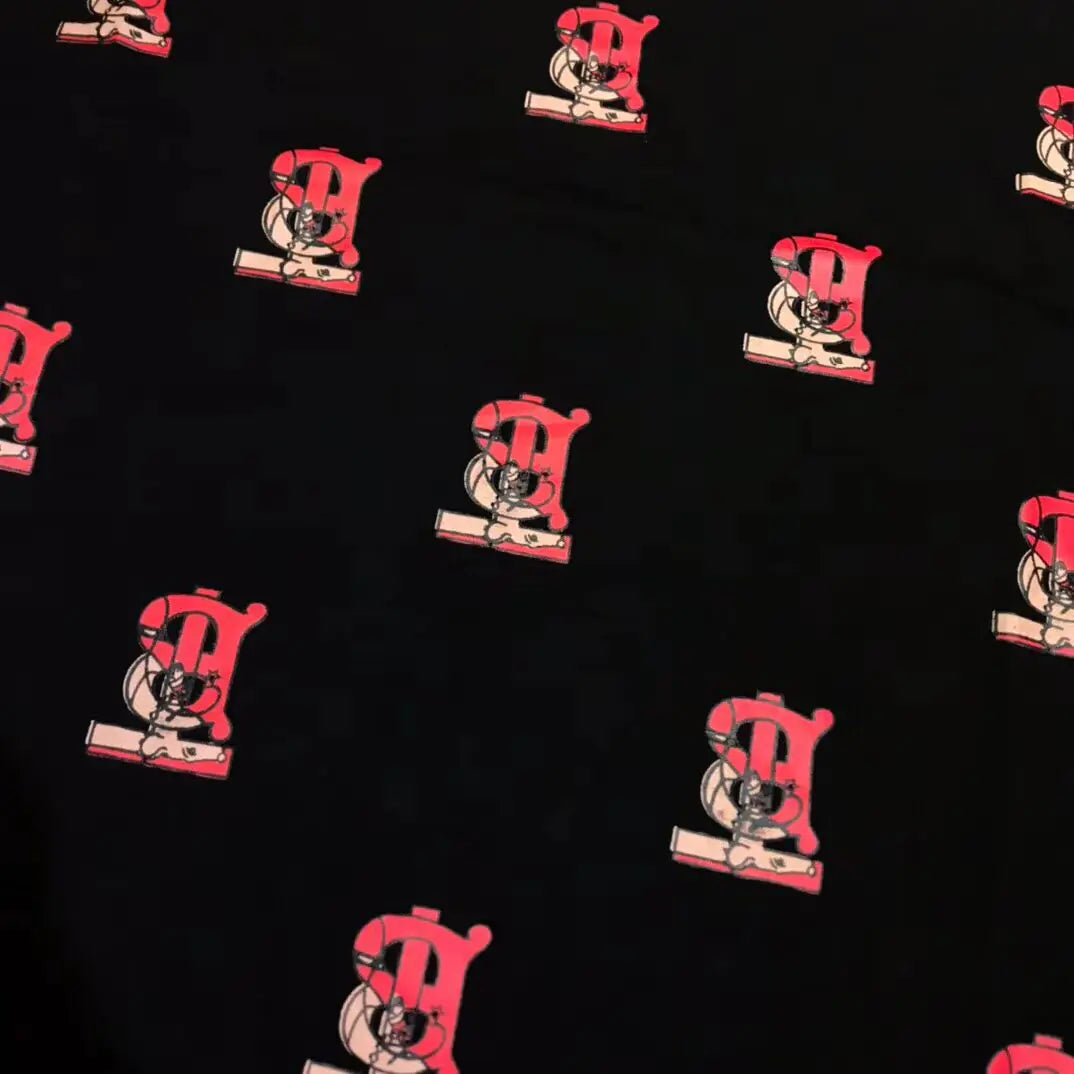 Red and black logos on a black background