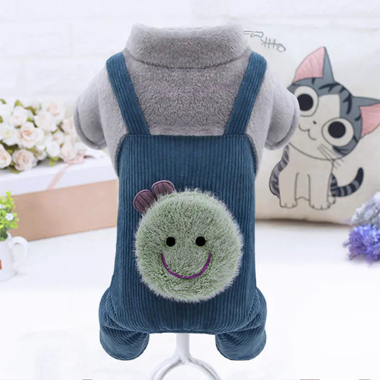 Pet outfit with a blue bag featuring a smiley face design on a white background.