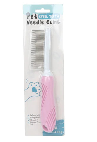 Pink pet needle comb with packaging on a white background